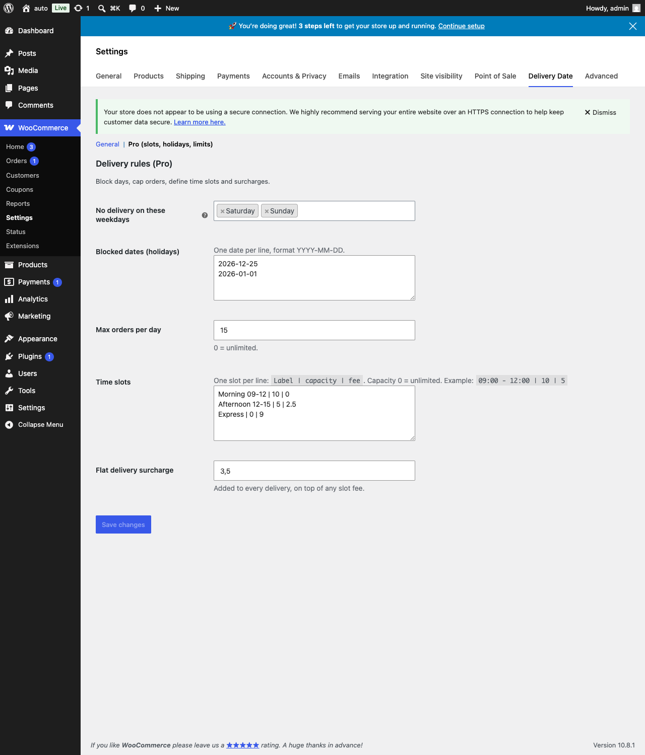Pro settings: slots, holidays, limits, surcharge