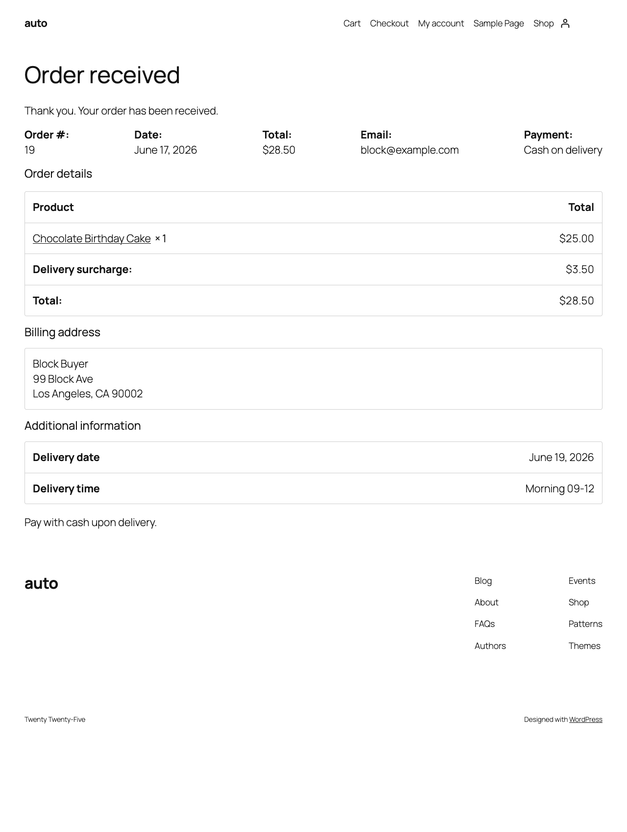 Order confirmation showing delivery date and time