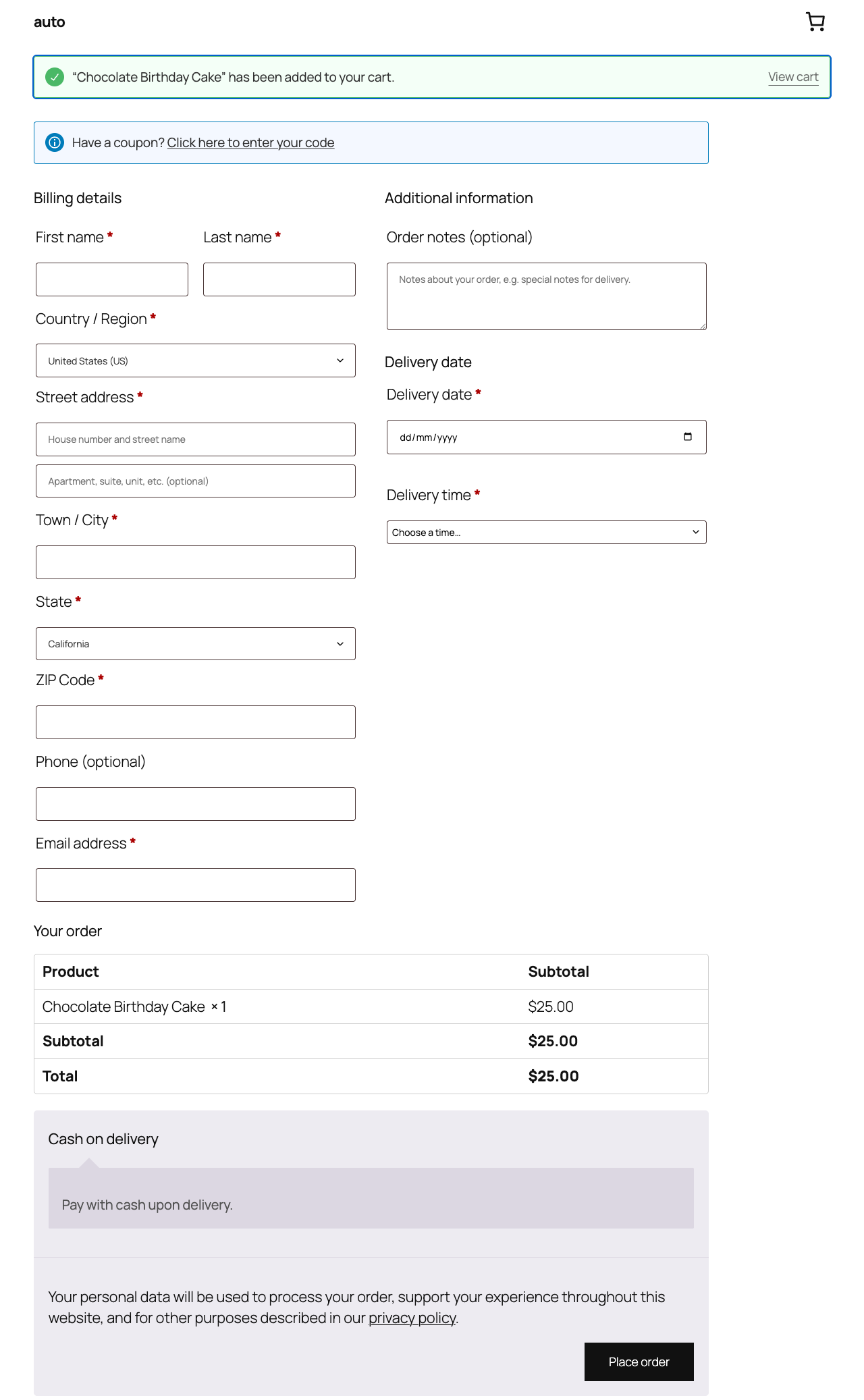 Delivery date and time fields on the WooCommerce checkout
